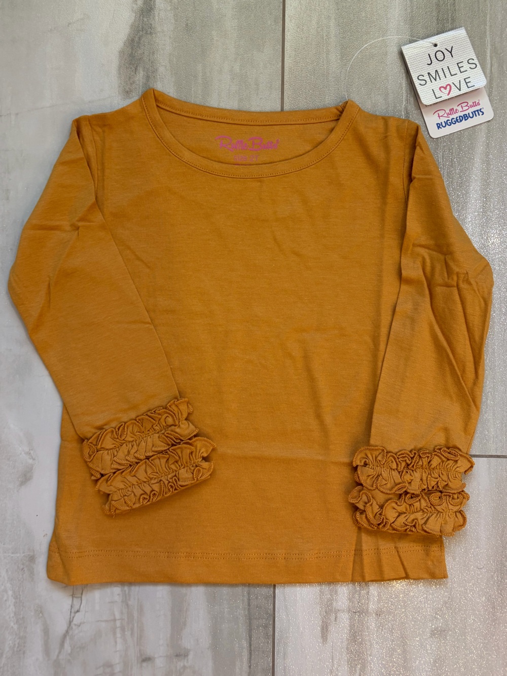 NWT RuffleButts Neutral Honey Gold Long Sleeve Ruffled Layering Tee Girls 2T